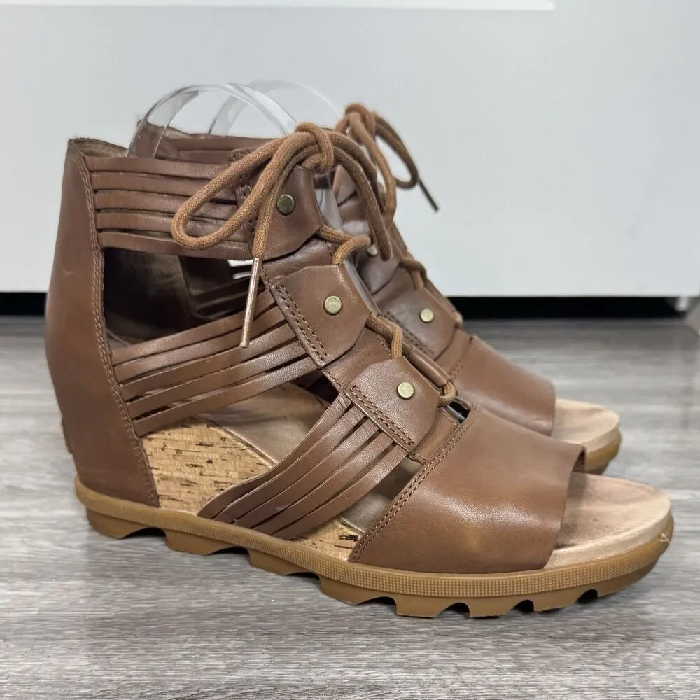Sorel Joanie II Lace Huarache Wedge Sandal Size 10.5 Brown Leather Strappy
